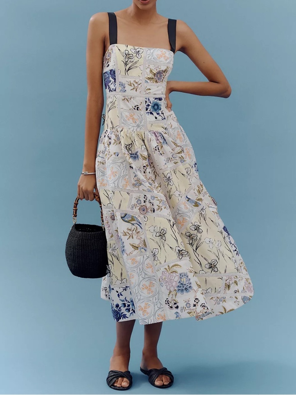 Maeve Cotton Sleeveless Square-Neck Tile Printed Midi Dress Size S